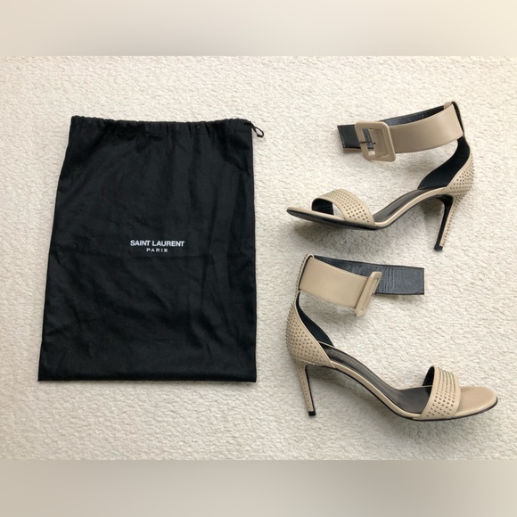 Saint Laurent Shoes - Saint Laurent Women's Nude Jane Studded Heel Leather Ankle Strap Sandals Size 38